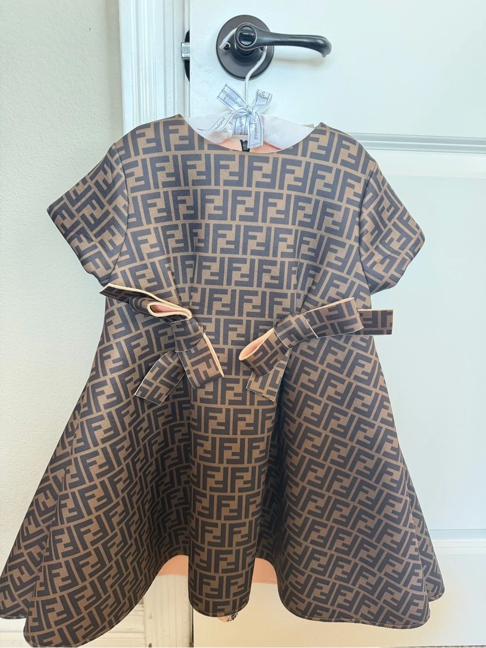 Fendi Kids Brown and Cream Monogram Dress with Bow Detail